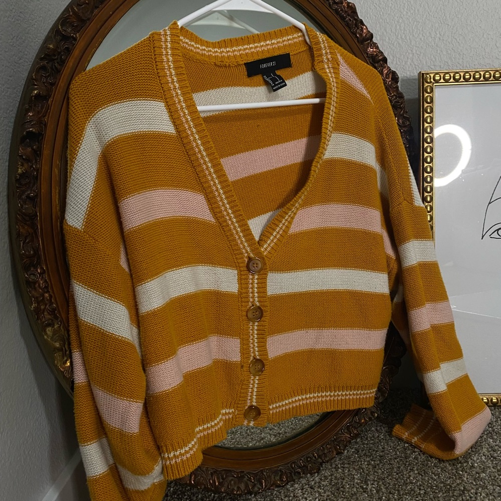 Forever 21 button up sweater. Pink, yellow and white.